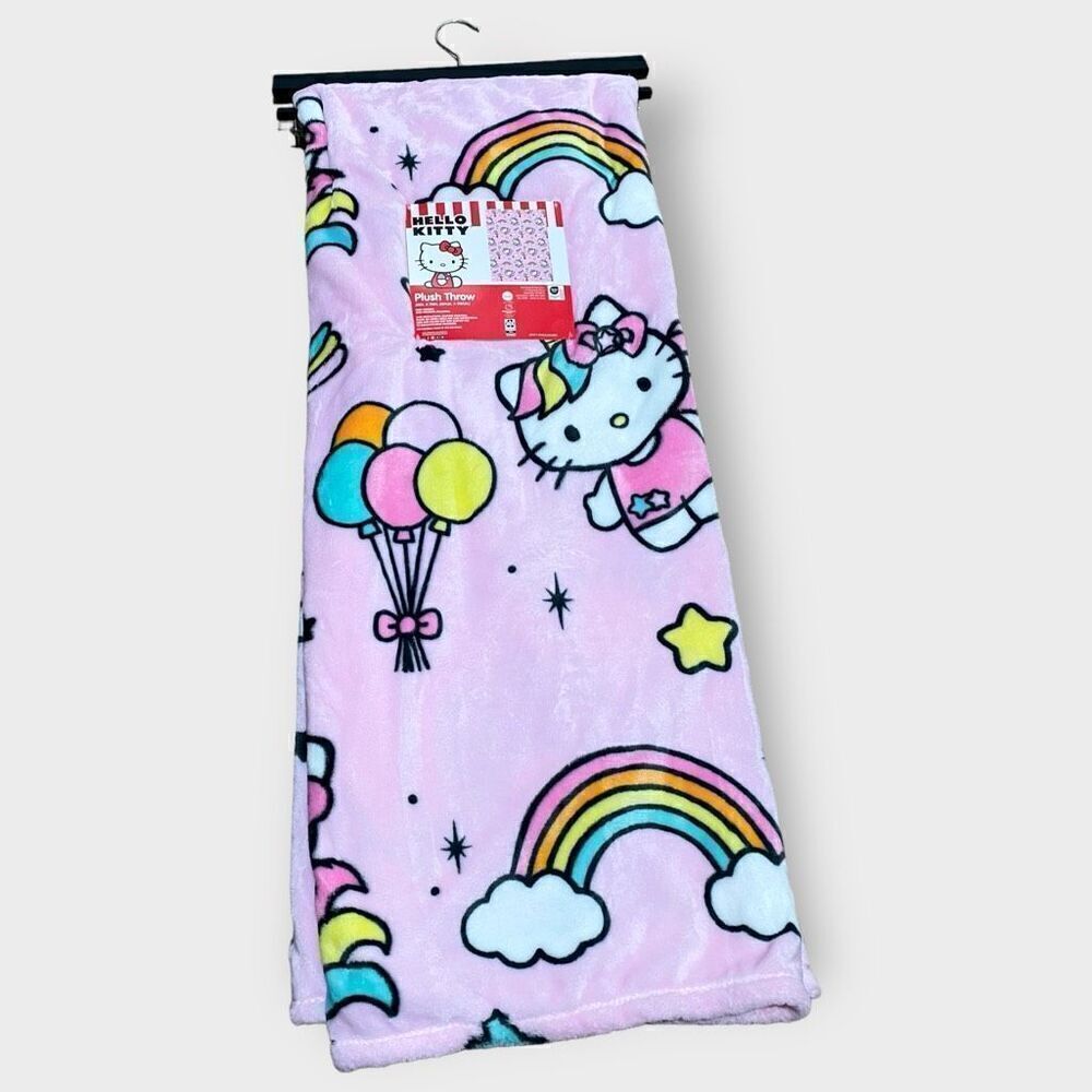 Hello Kitty Pink Unicorn Plush Throw Blanket 50”x70” Cloud Balloons Rainbows (a)